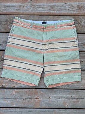 J.Crew Stanton Shorts Men 36 Striped Green Khaki 100% Cotton Casual Chino Preppy